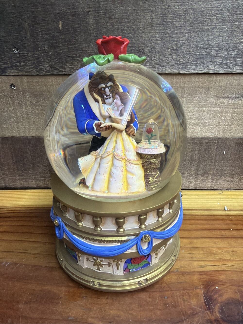 Vintage Disney Store Large Beauty & The Beast Snow Globe Musical In Styrofoam